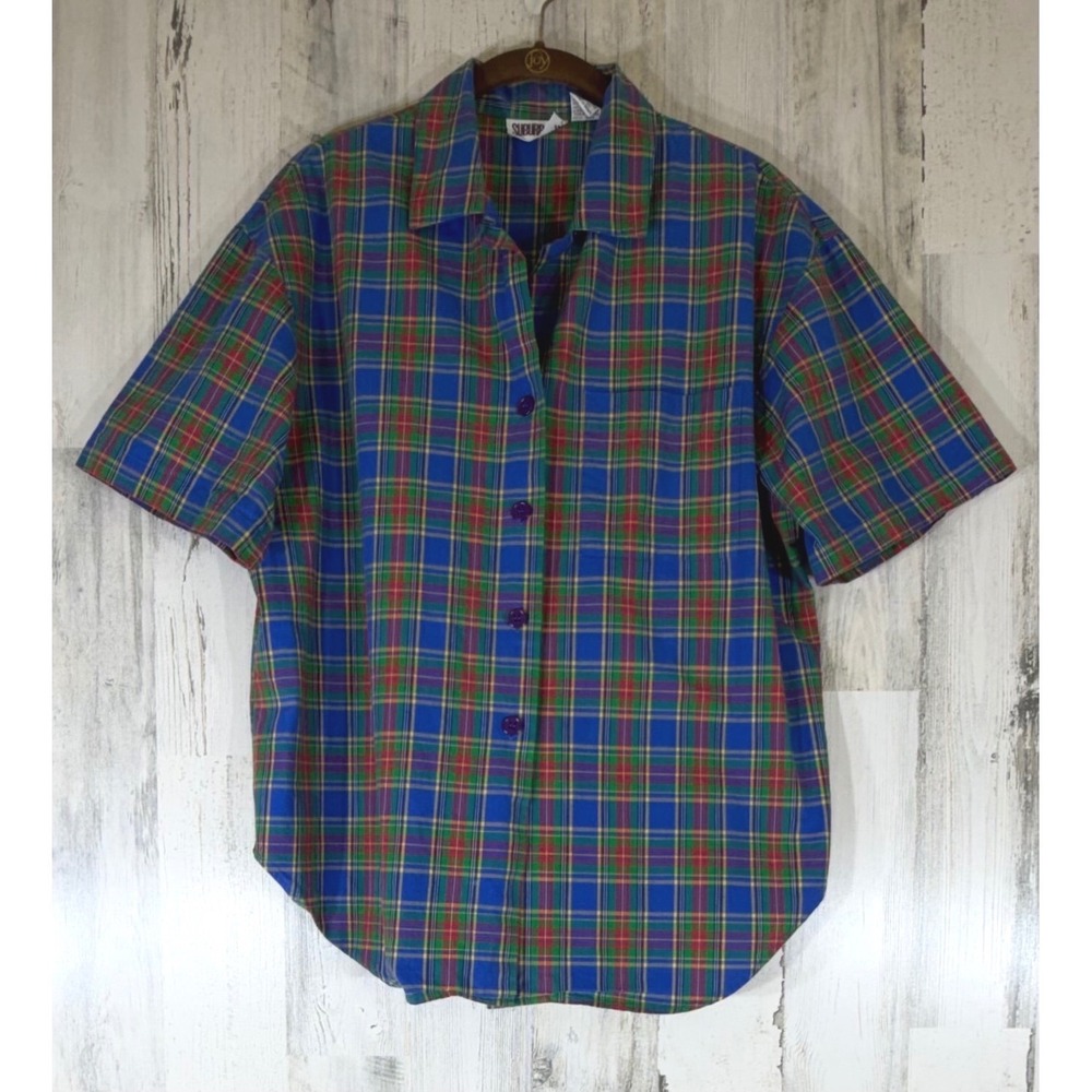 Suburbans Vintage Plaid Button Front Shirt‎ 16 Blue Green Short Sleeve Cotton